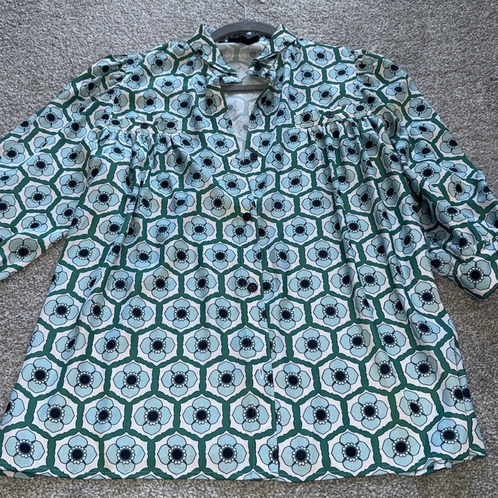 Smythe Teal and White Geometric Button Down Shirt, XS - Picture 8 of 10